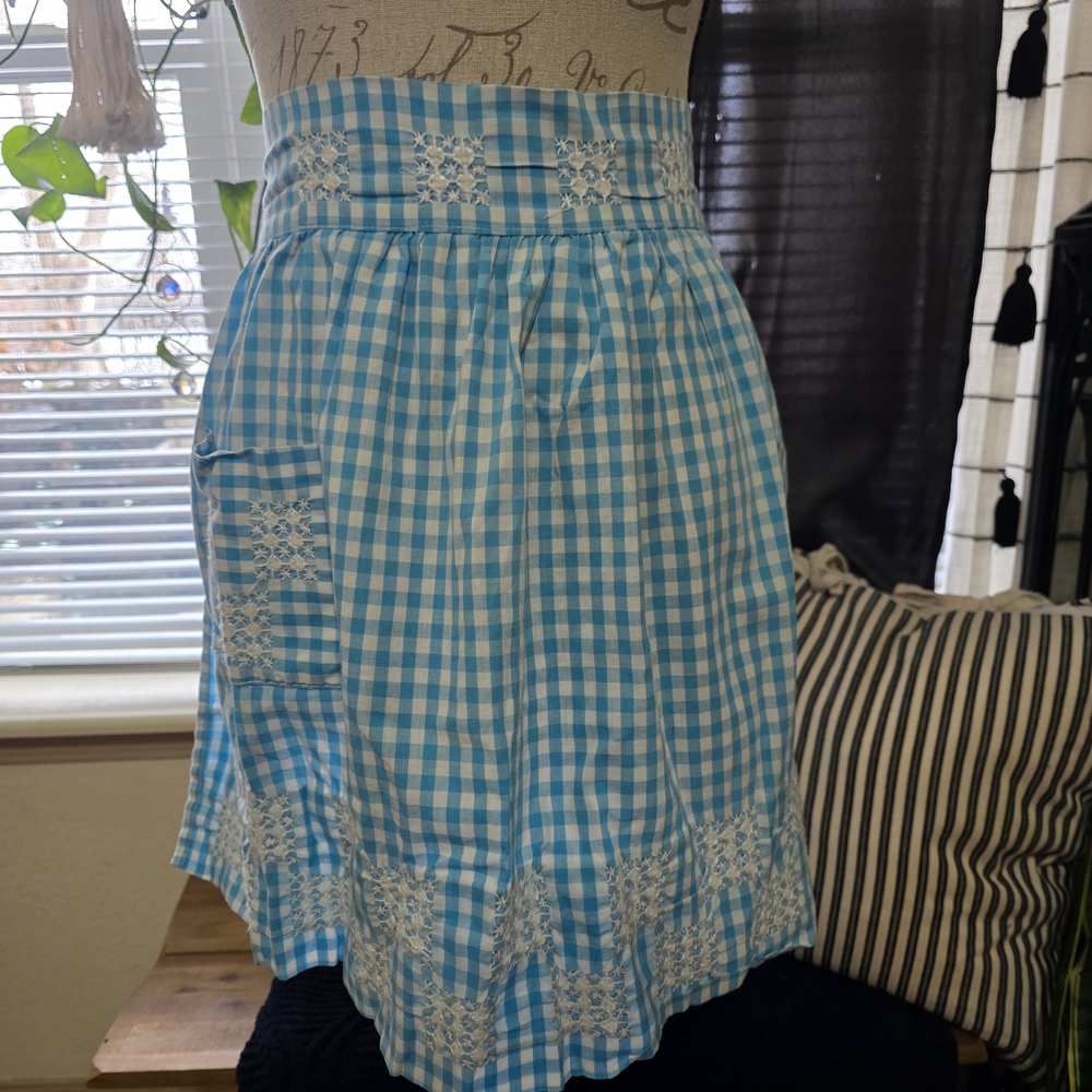 Vintage Blue Gingham Handmade Chicken Scratch Stritched Apron